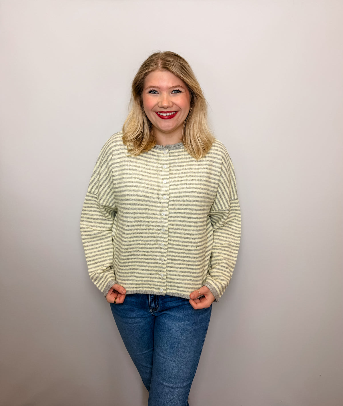 Stripe Raw Edge Drop Shoulder Knit Cardigan