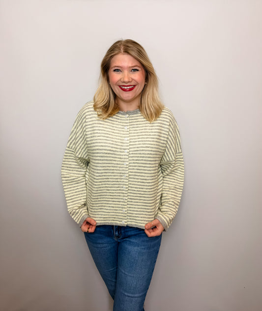 Stripe Raw Edge Drop Shoulder Knit Cardigan