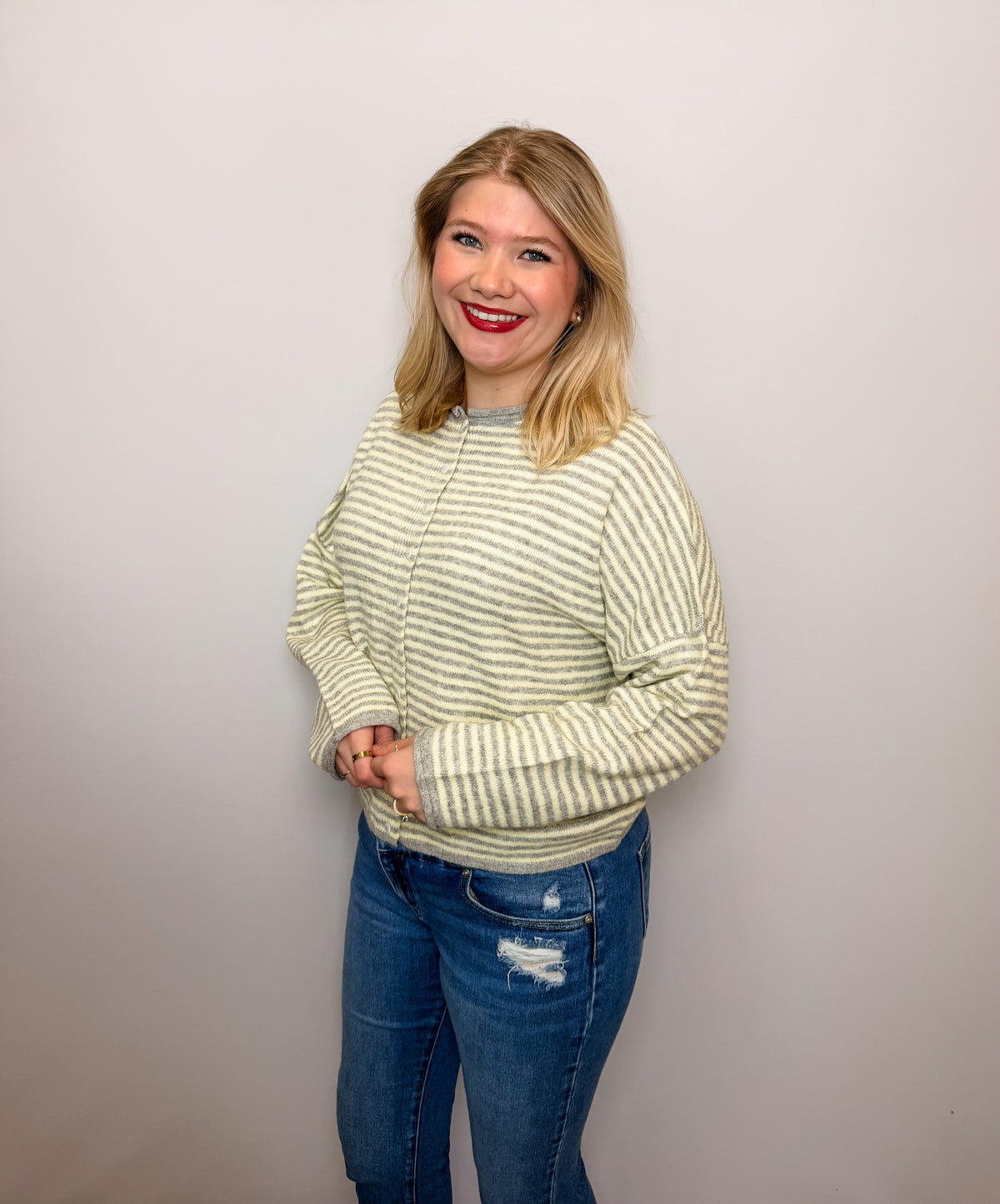 Stripe Raw Edge Drop Shoulder Knit Cardigan
