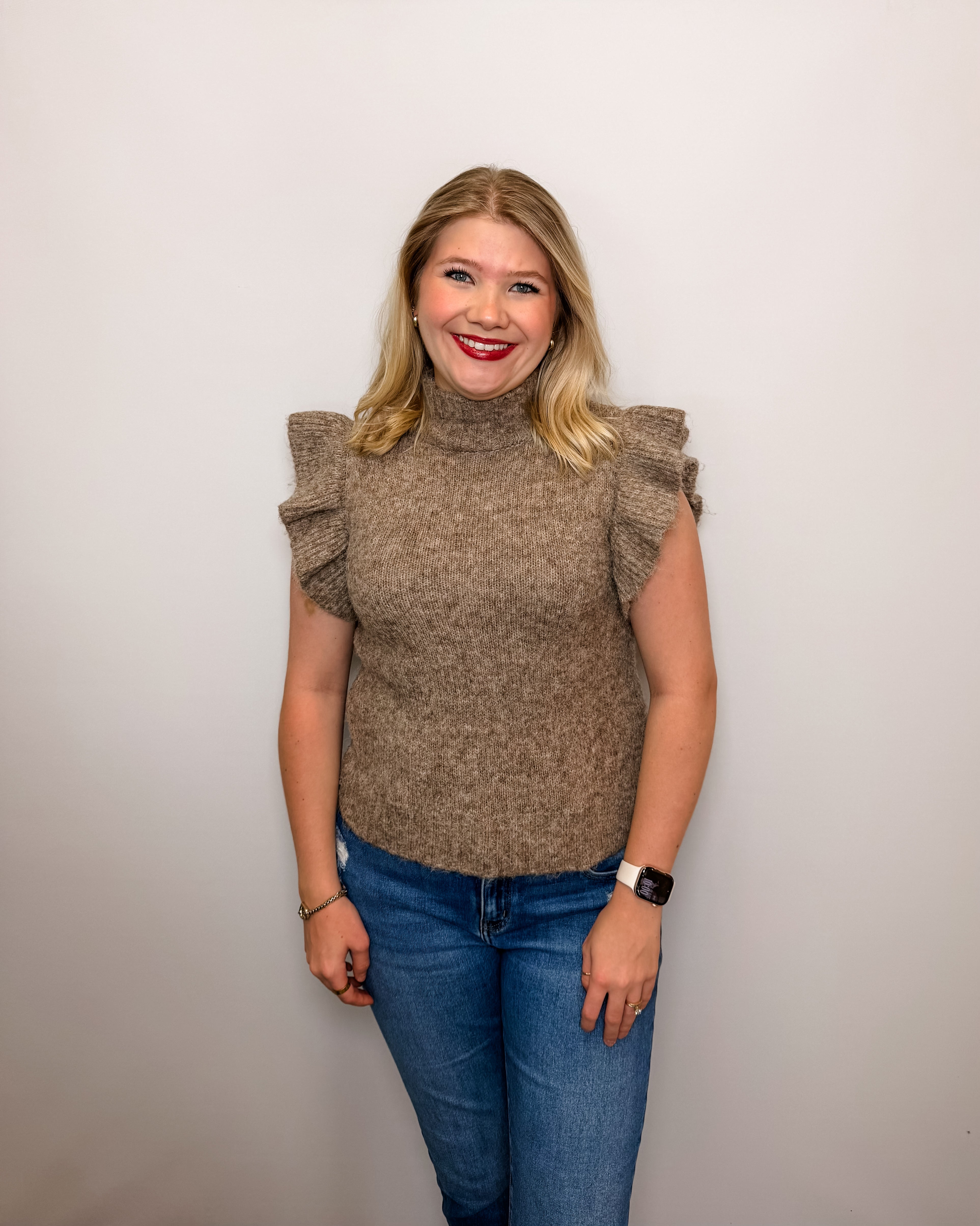 Ruffle Sleeve Mock Neck Ribbed Sweater