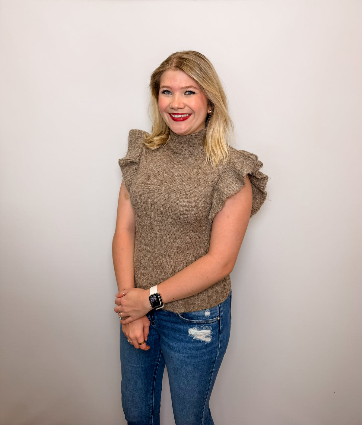 Ruffle Sleeve Mock Neck Ribbed Sweater