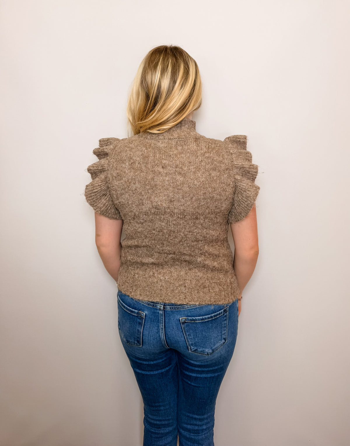Ruffle Sleeve Mock Neck Ribbed Sweater