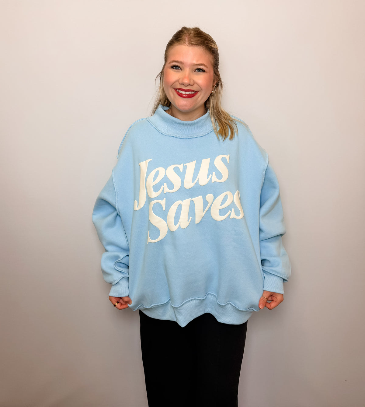 'Jesus Saves' Print Mock Neck Sweatshirt