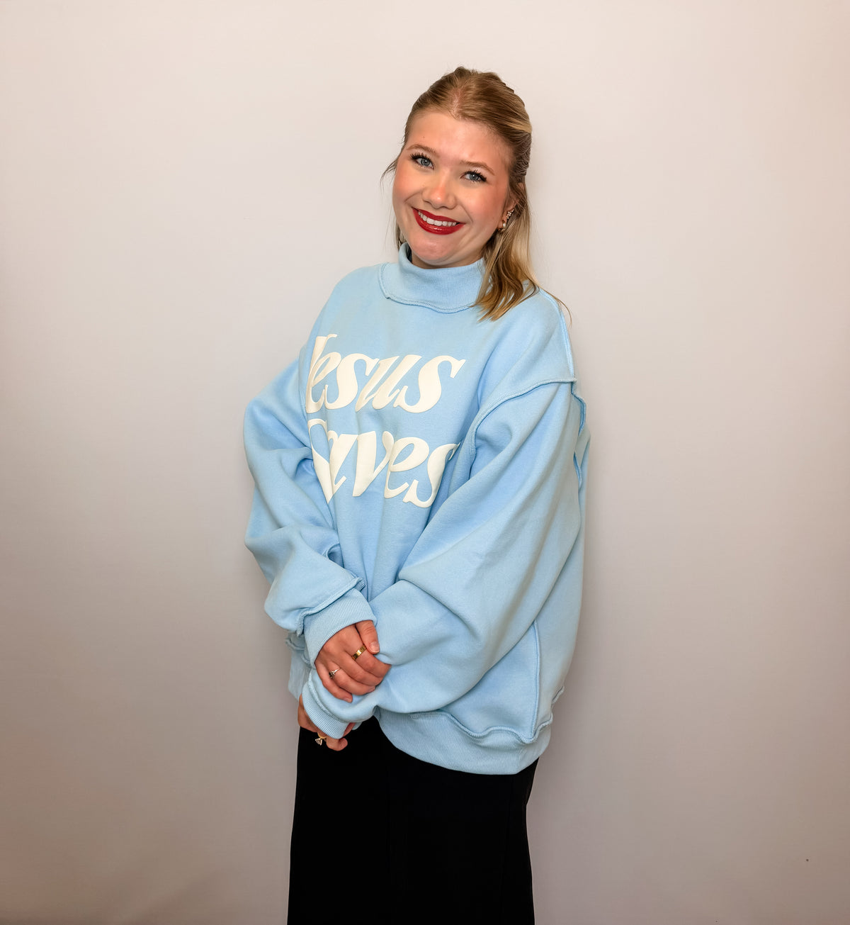 'Jesus Saves' Print Mock Neck Sweatshirt