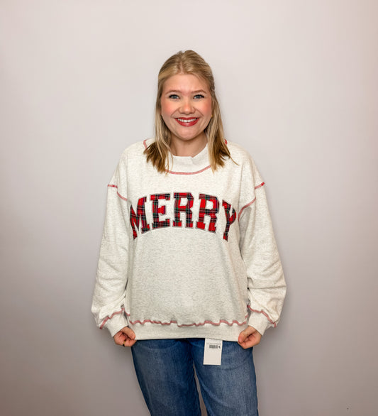'Merry' Plaid Patch Holiday Sweatshirt