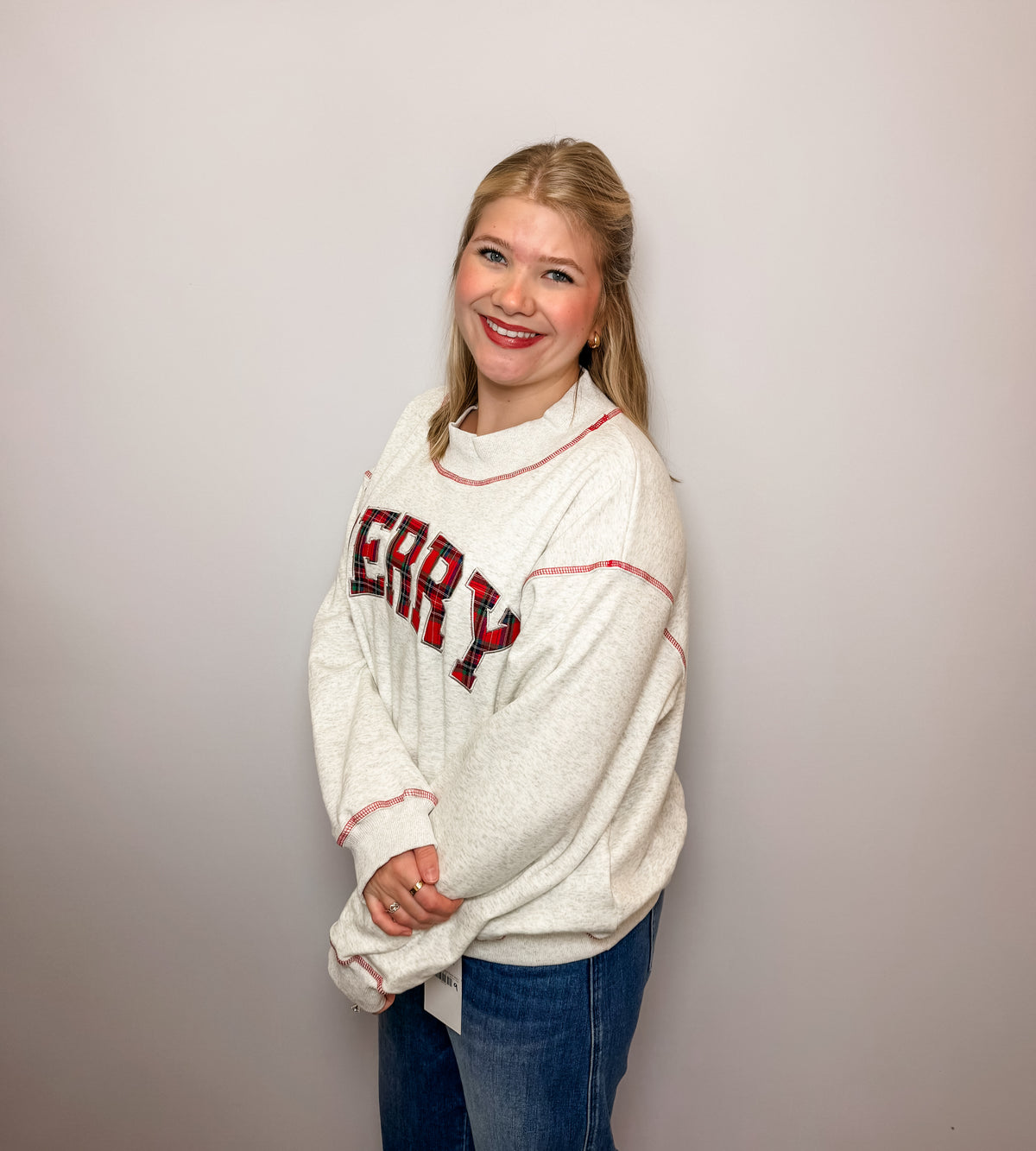 'Merry' Plaid Patch Holiday Sweatshirt