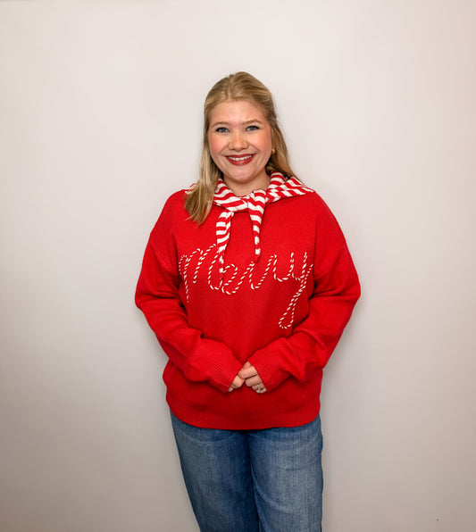 'Merry' Candy Cane with Hooded Scarf Sweater