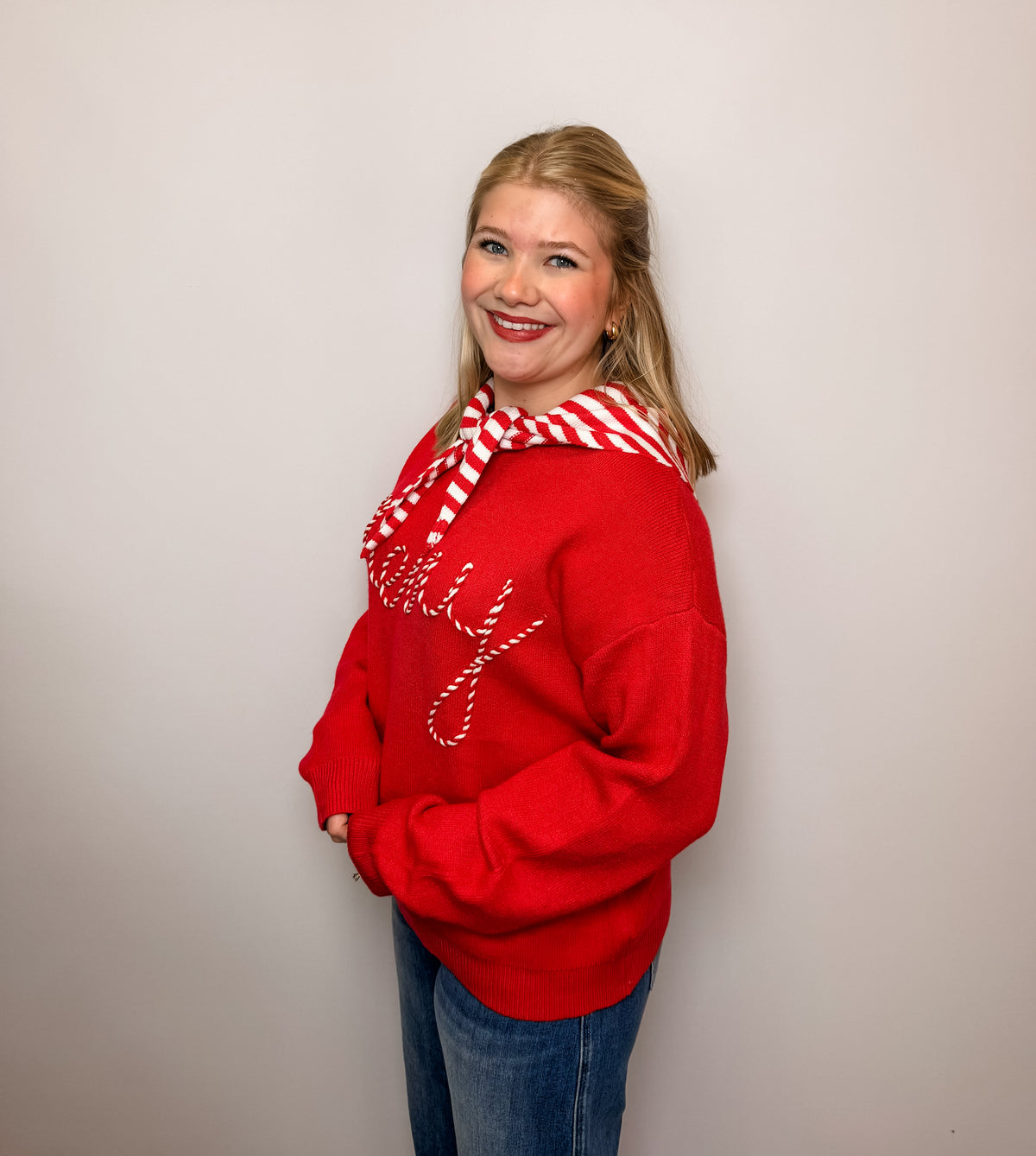 'Merry' Candy Cane with Hooded Scarf Sweater