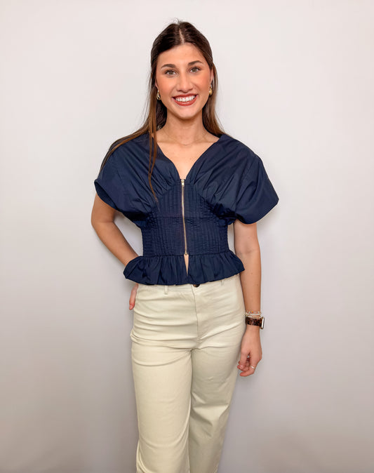 V-Neck Front Zipper Smocking Top