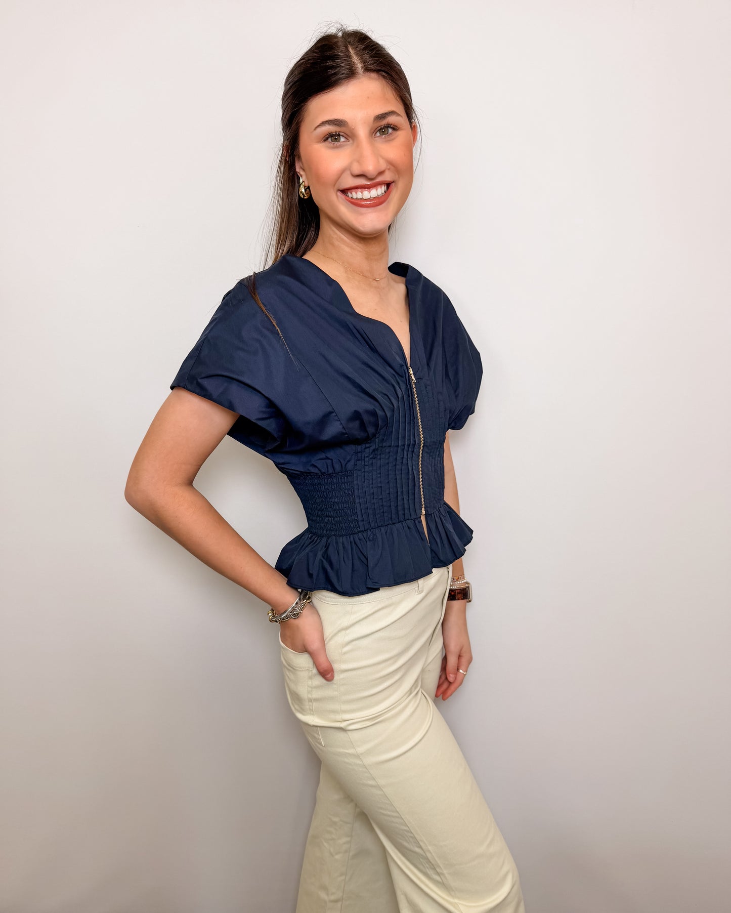 V-Neck Front Zipper Smocking Top