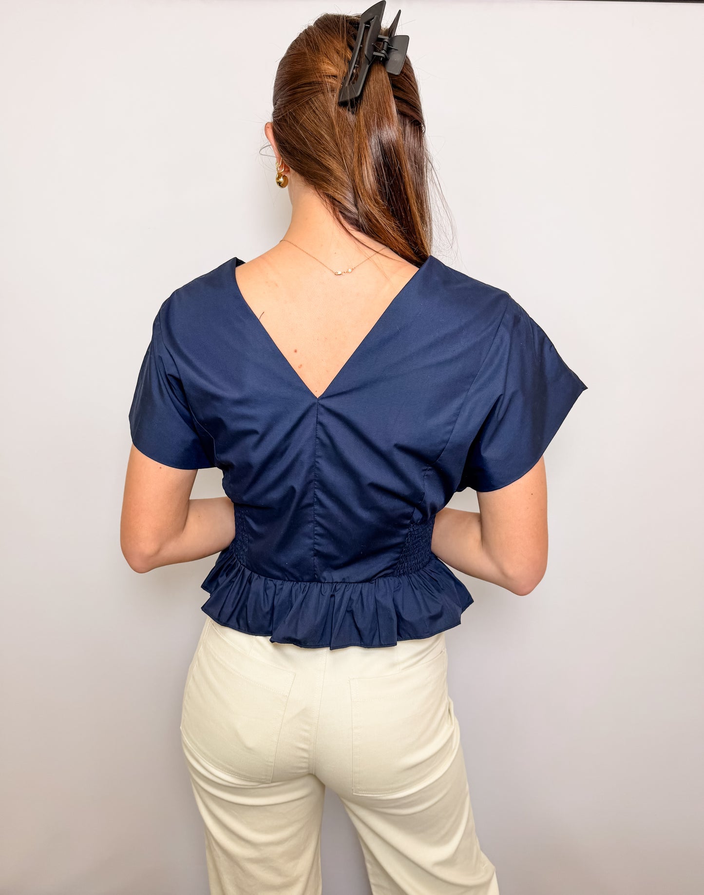 V-Neck Front Zipper Smocking Top