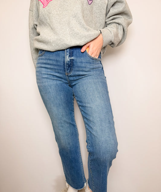 Risen - Tummy Control High Rise Crop Straight Raw Cut Hem Jeans