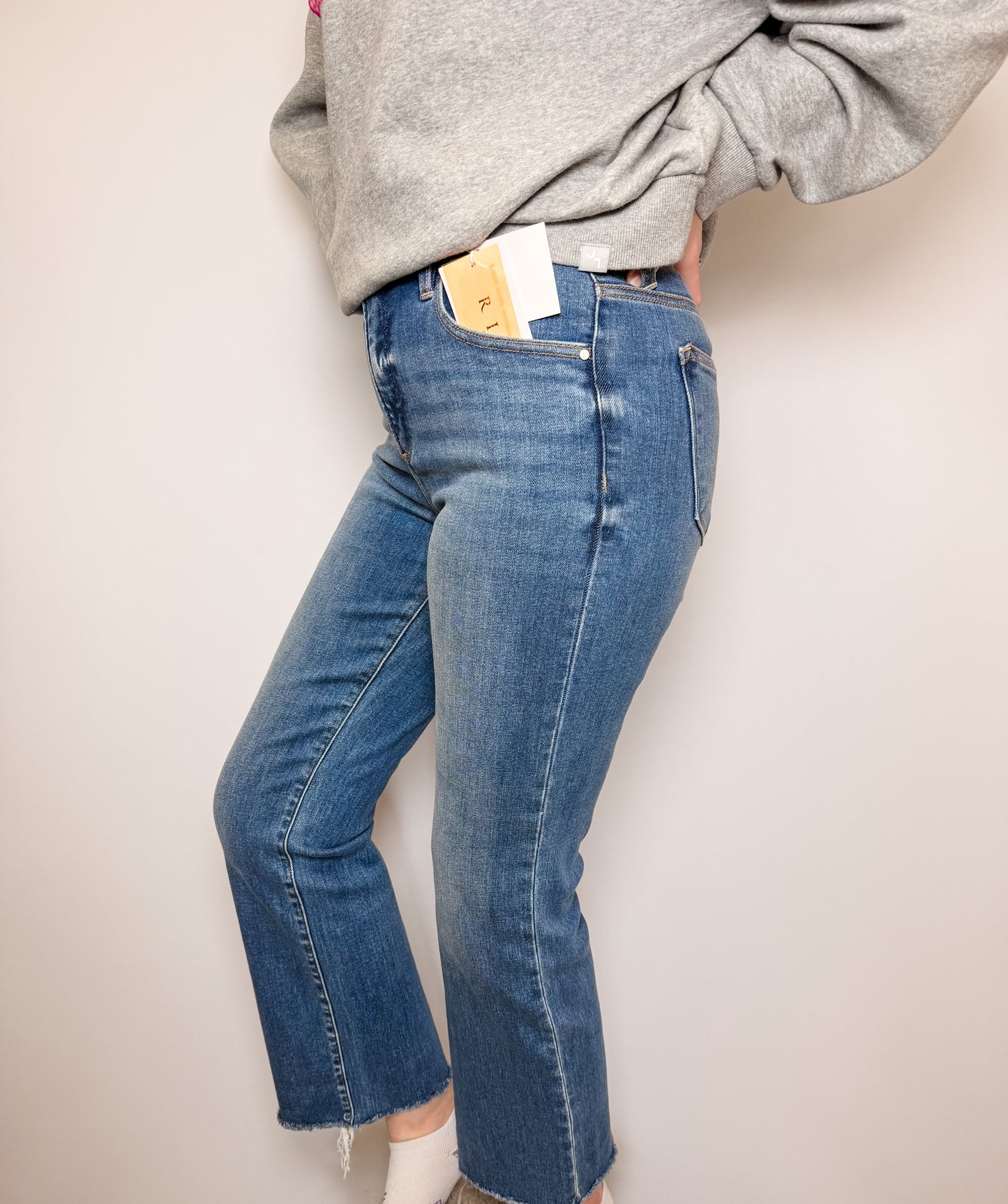 Risen - Tummy Control High Rise Crop Straight Raw Cut Hem Jeans