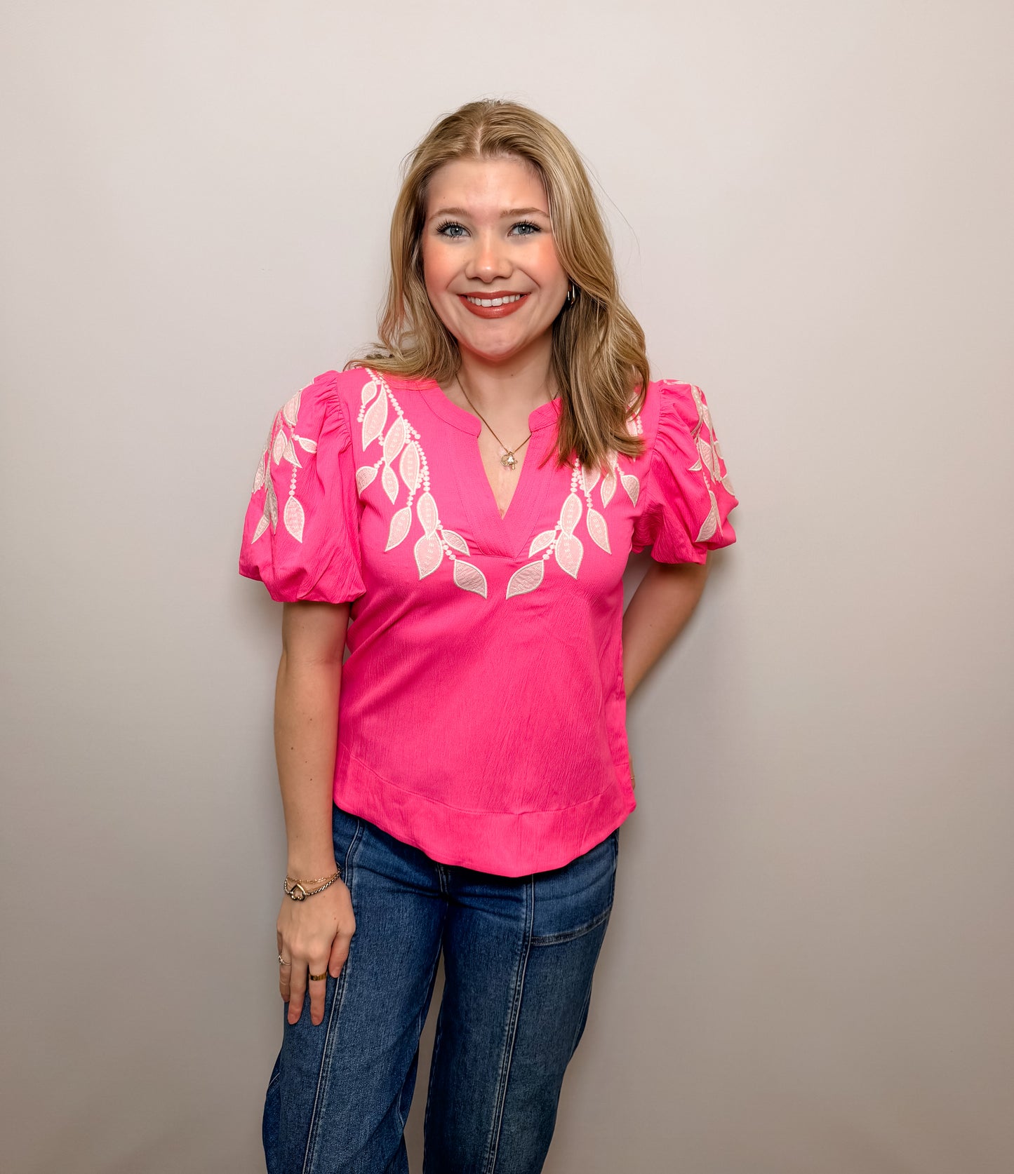 Leaf Embroidered Puffed Sleeves Top