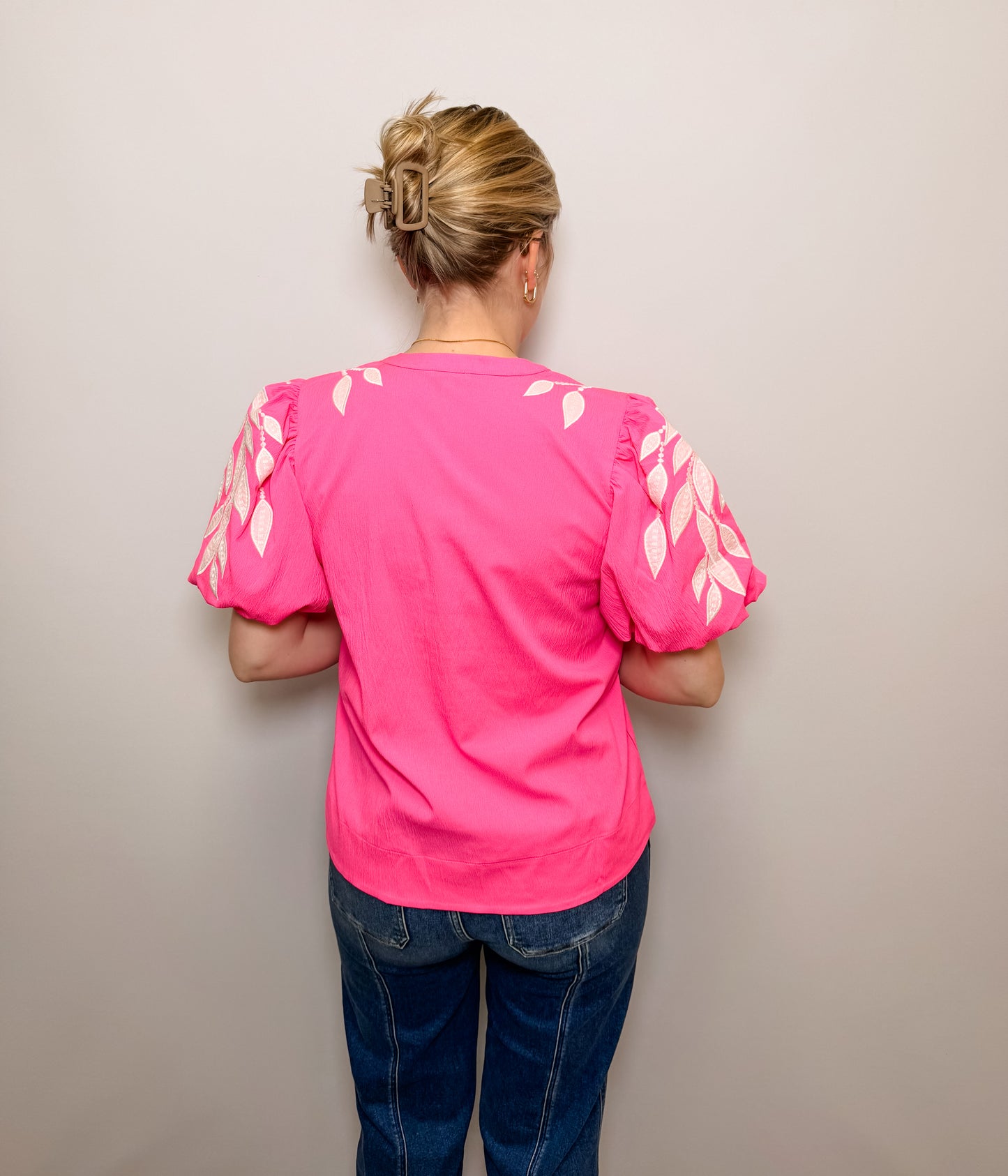 Leaf Embroidered Puffed Sleeves Top