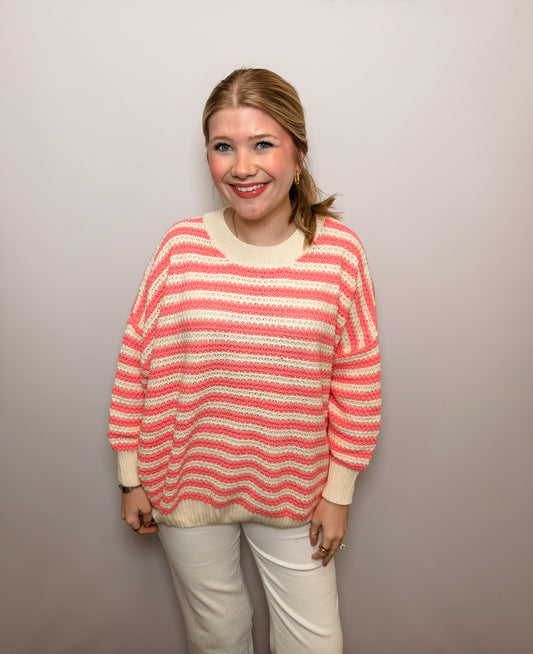 Long Balloon Sleeve Stripe Crochet Sweater Top