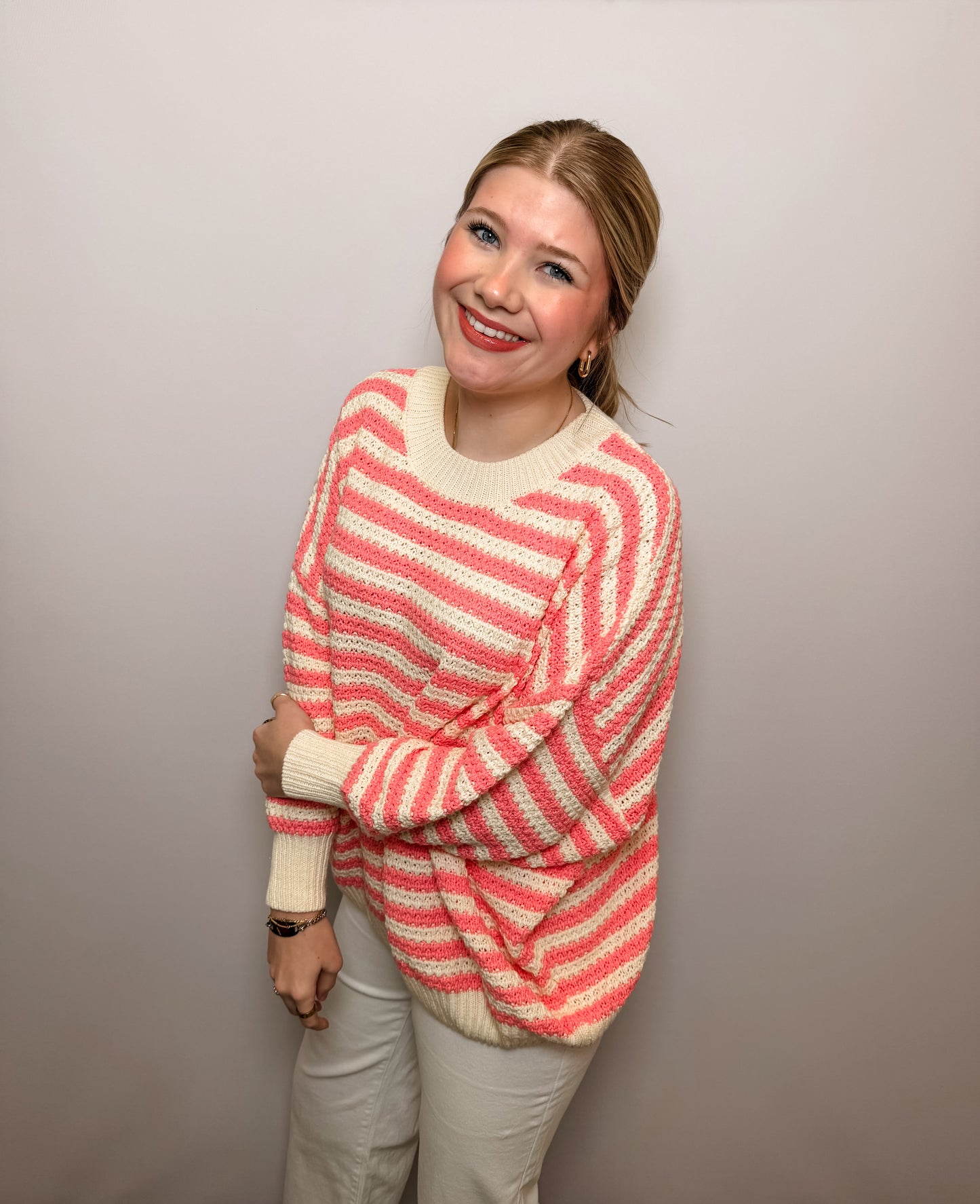 Long Balloon Sleeve Stripe Crochet Sweater Top