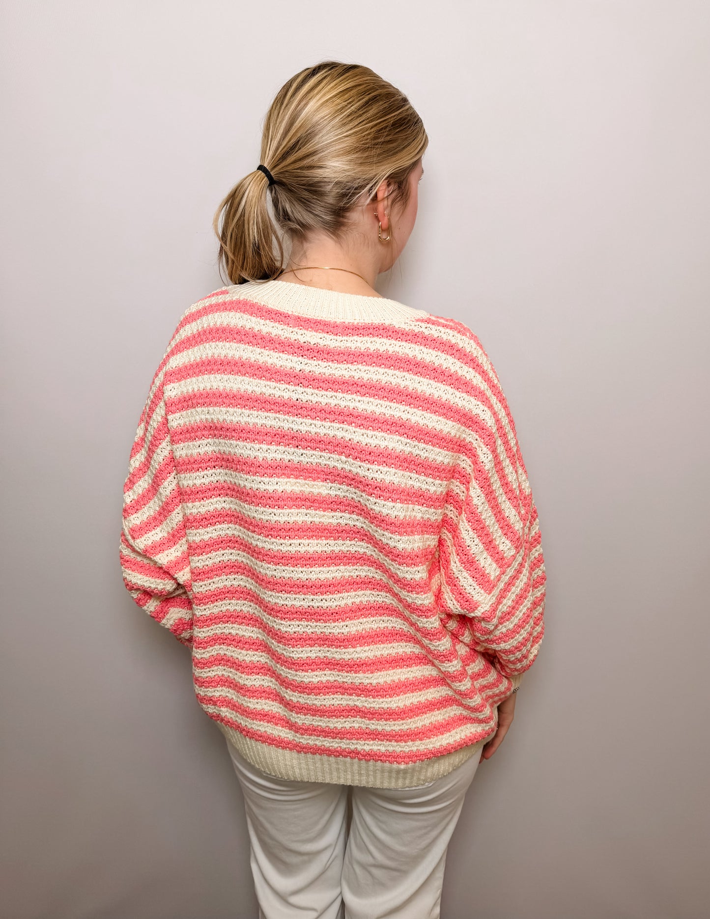 Long Balloon Sleeve Stripe Crochet Sweater Top