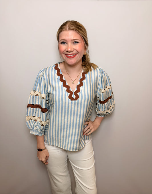 Puff Sleeve Striped V-Neck Top