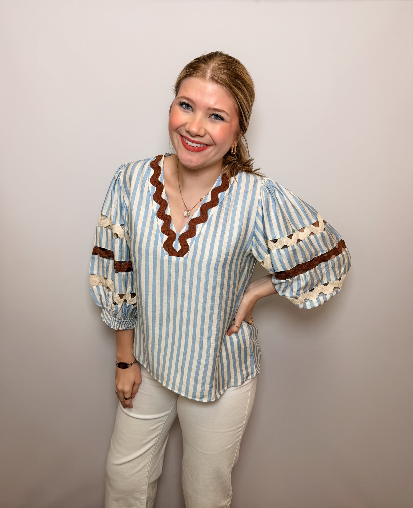 Puff Sleeve Striped V-Neck Top