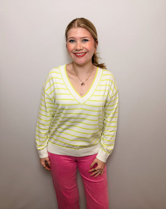 V-Neck Long Sleeve Light Weight Striped Sweater