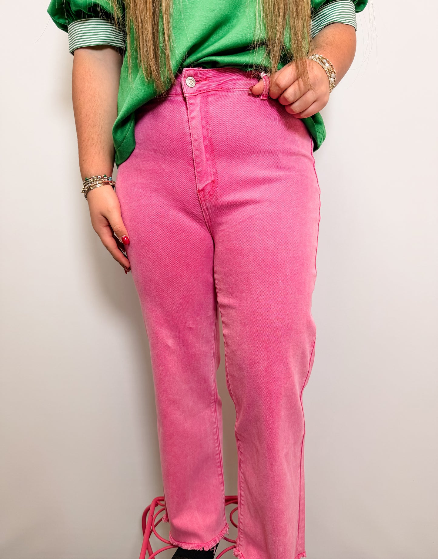 Acid Washed Frayed Cutoff Hem Straight Wide Pants