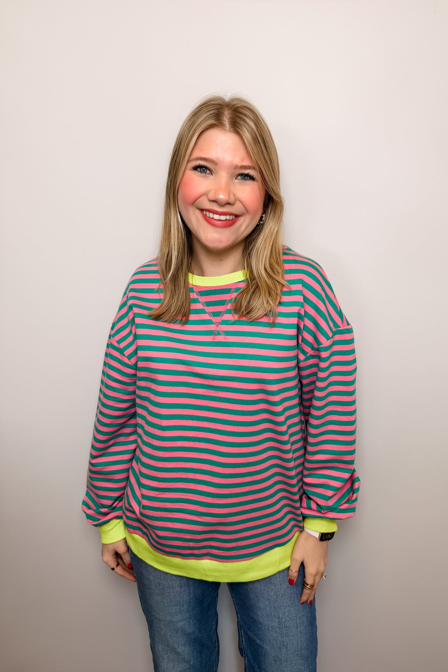 Stripe Oversized Contrast Trim Pullover Sweatshirt