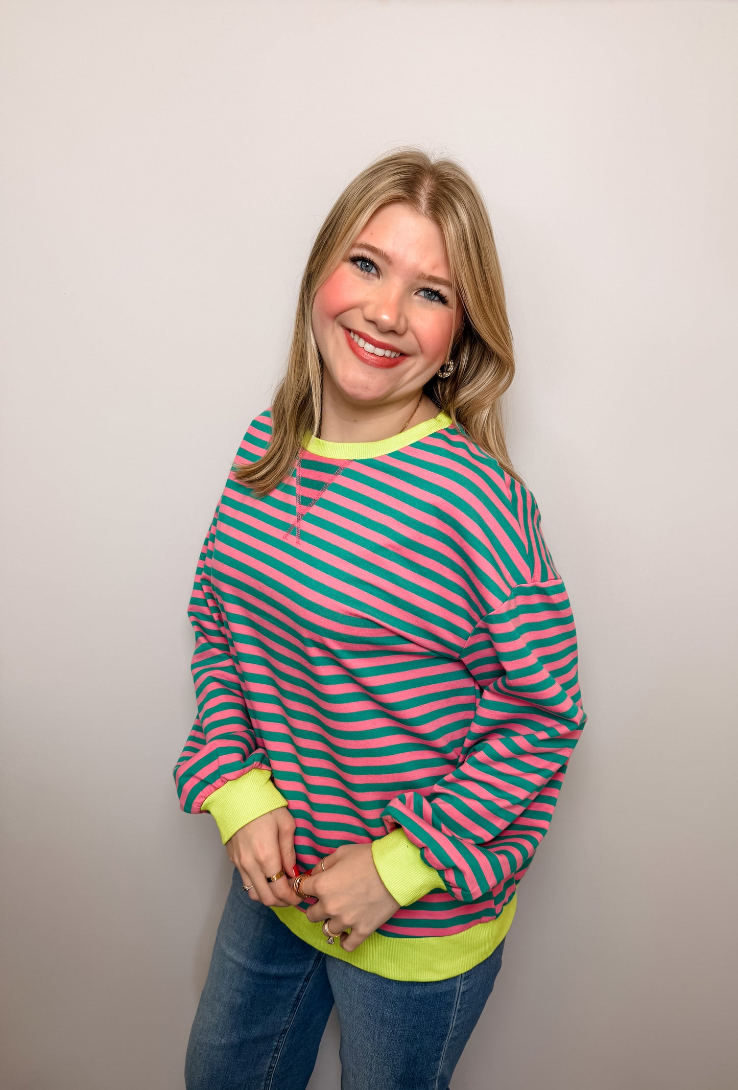 Stripe Oversized Contrast Trim Pullover Sweatshirt