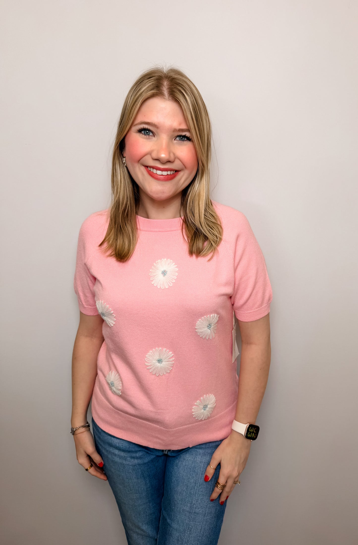 Pink Flower Pattern Short Sleeve Knitted Top