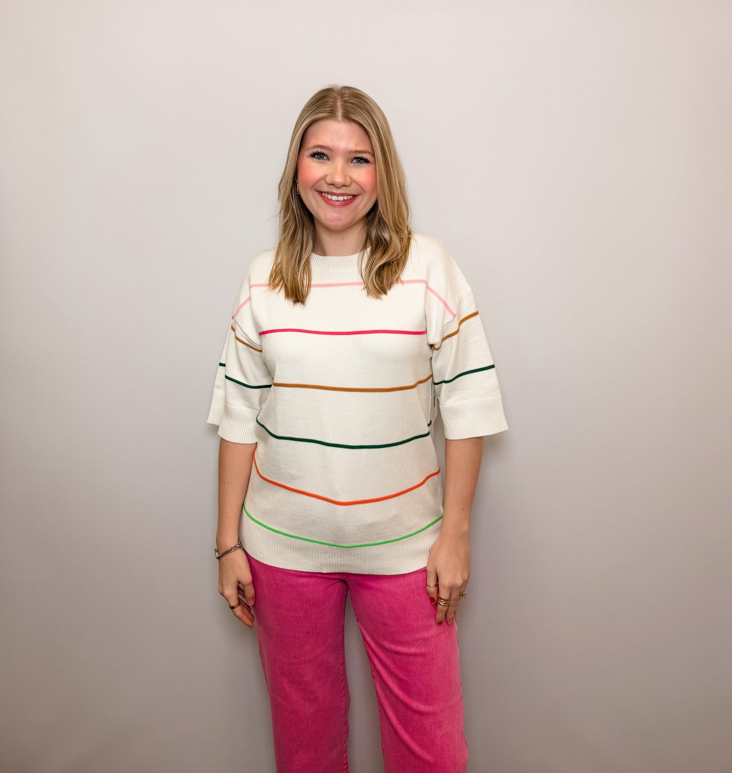 White Colorblock Striped Half Sleeve Drop Shoulder Sweater