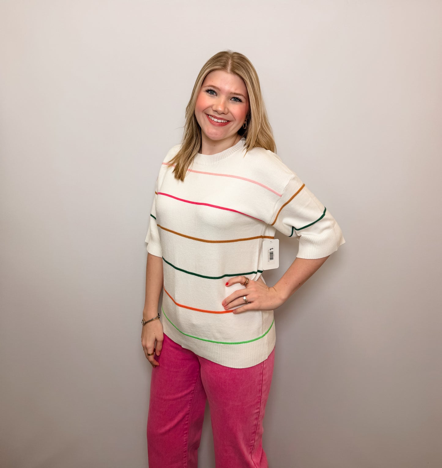 White Colorblock Striped Half Sleeve Drop Shoulder Sweater