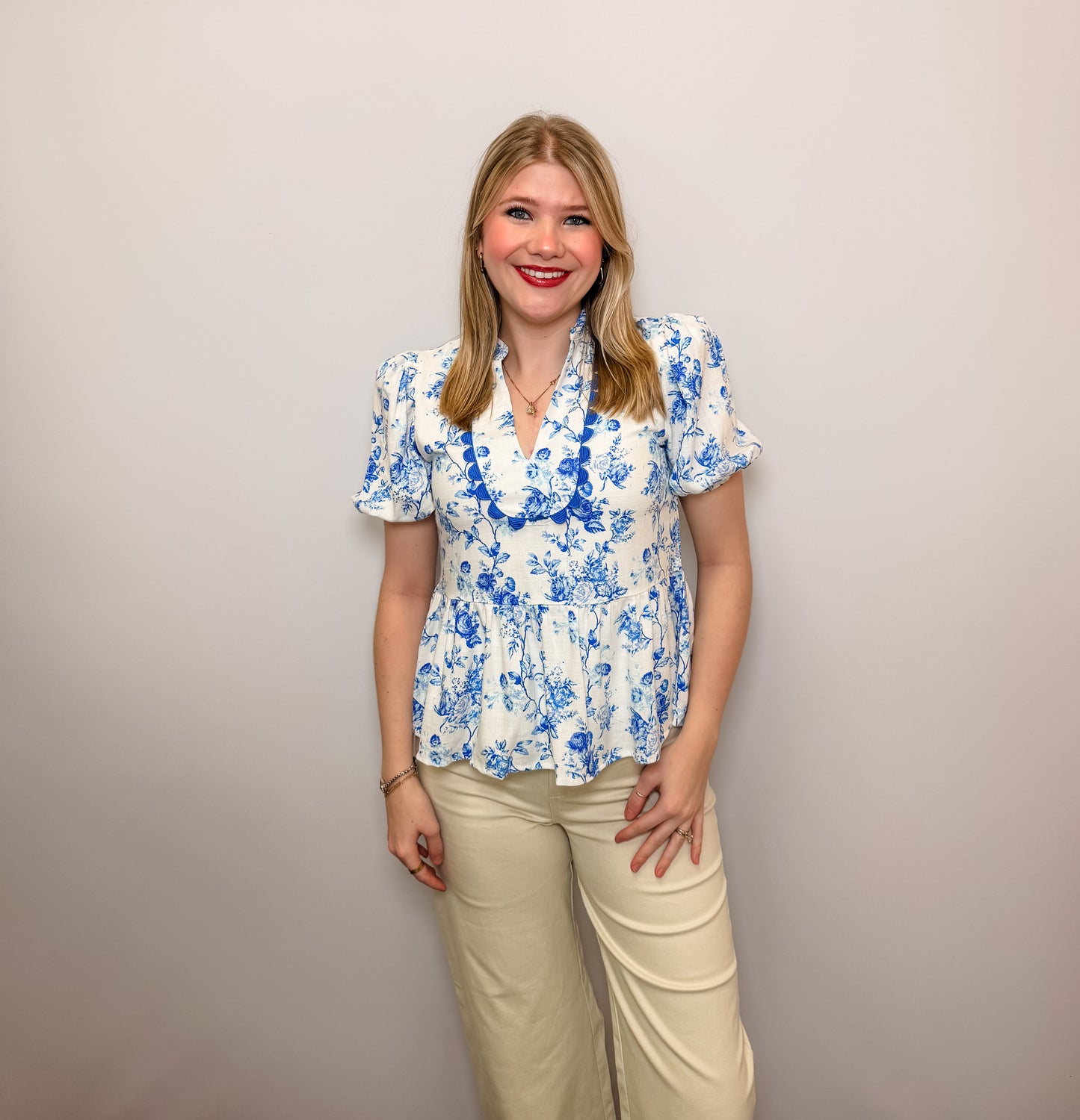 Floral Printed Bubble Sleeves Peplum Top