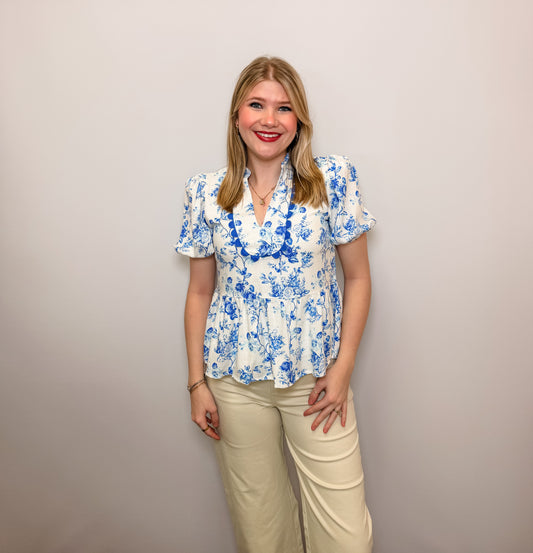 Floral Printed Bubble Sleeves Peplum Top