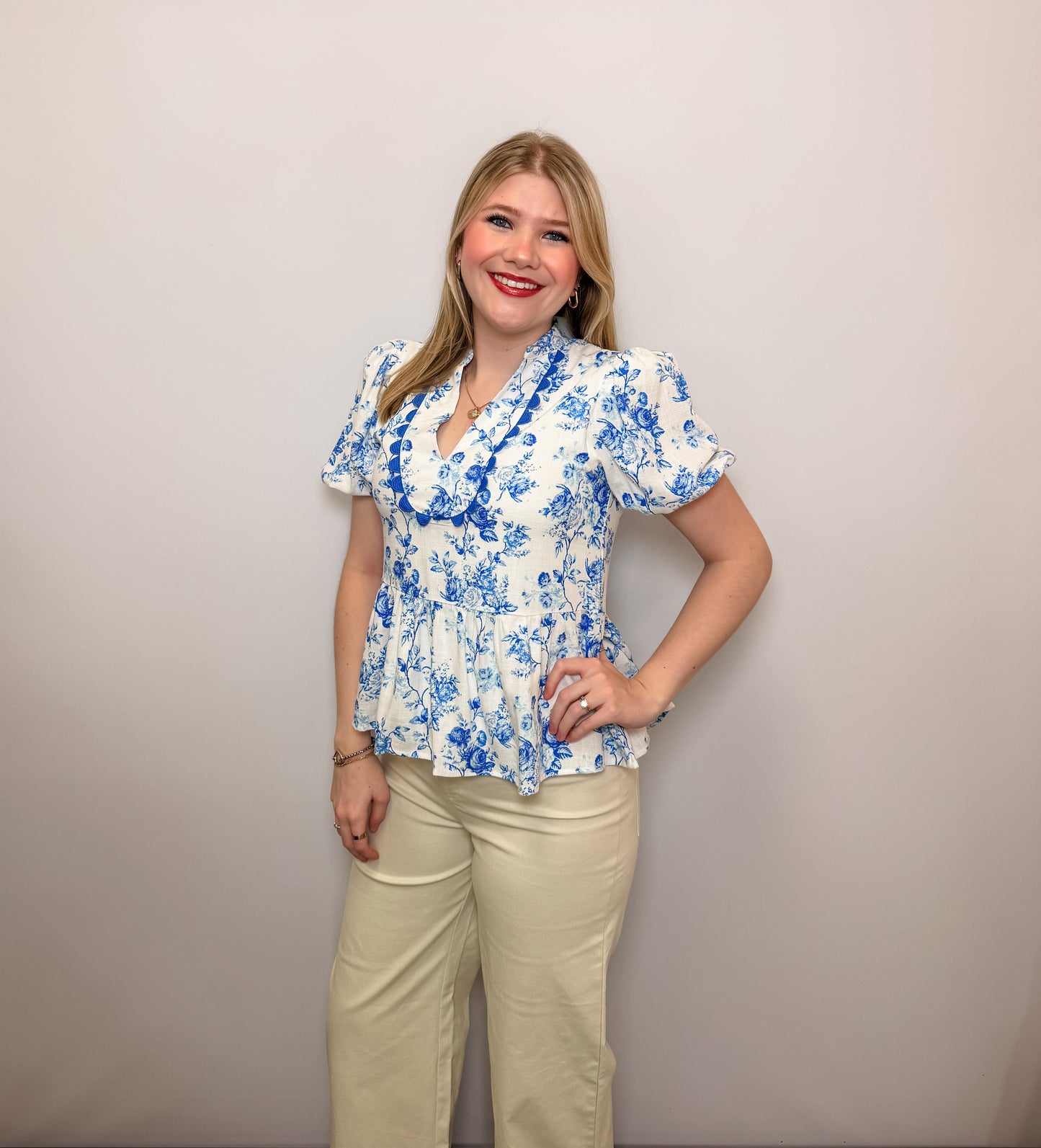 Floral Printed Bubble Sleeves Peplum Top