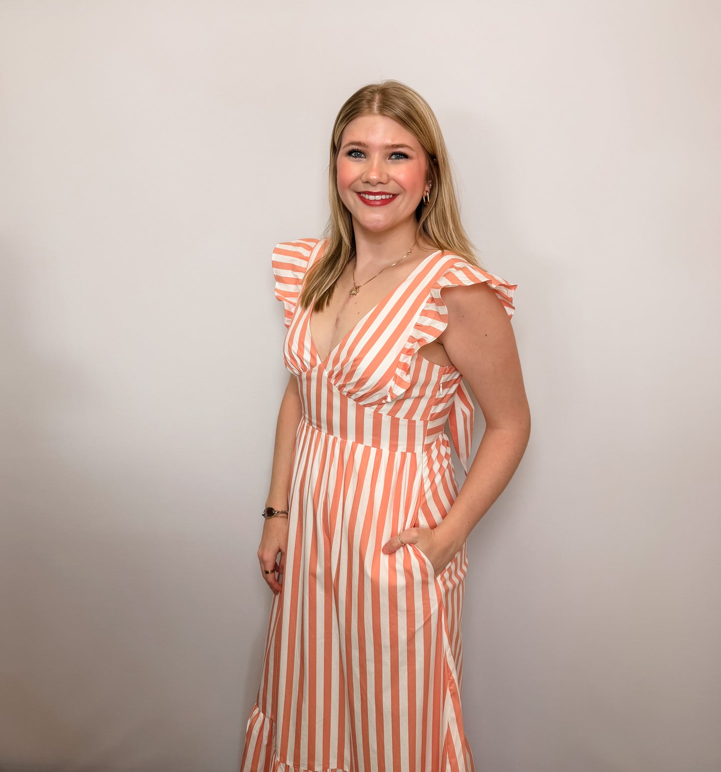 Sleeveless Stripe Tie Back Ruffled Maxi Dress