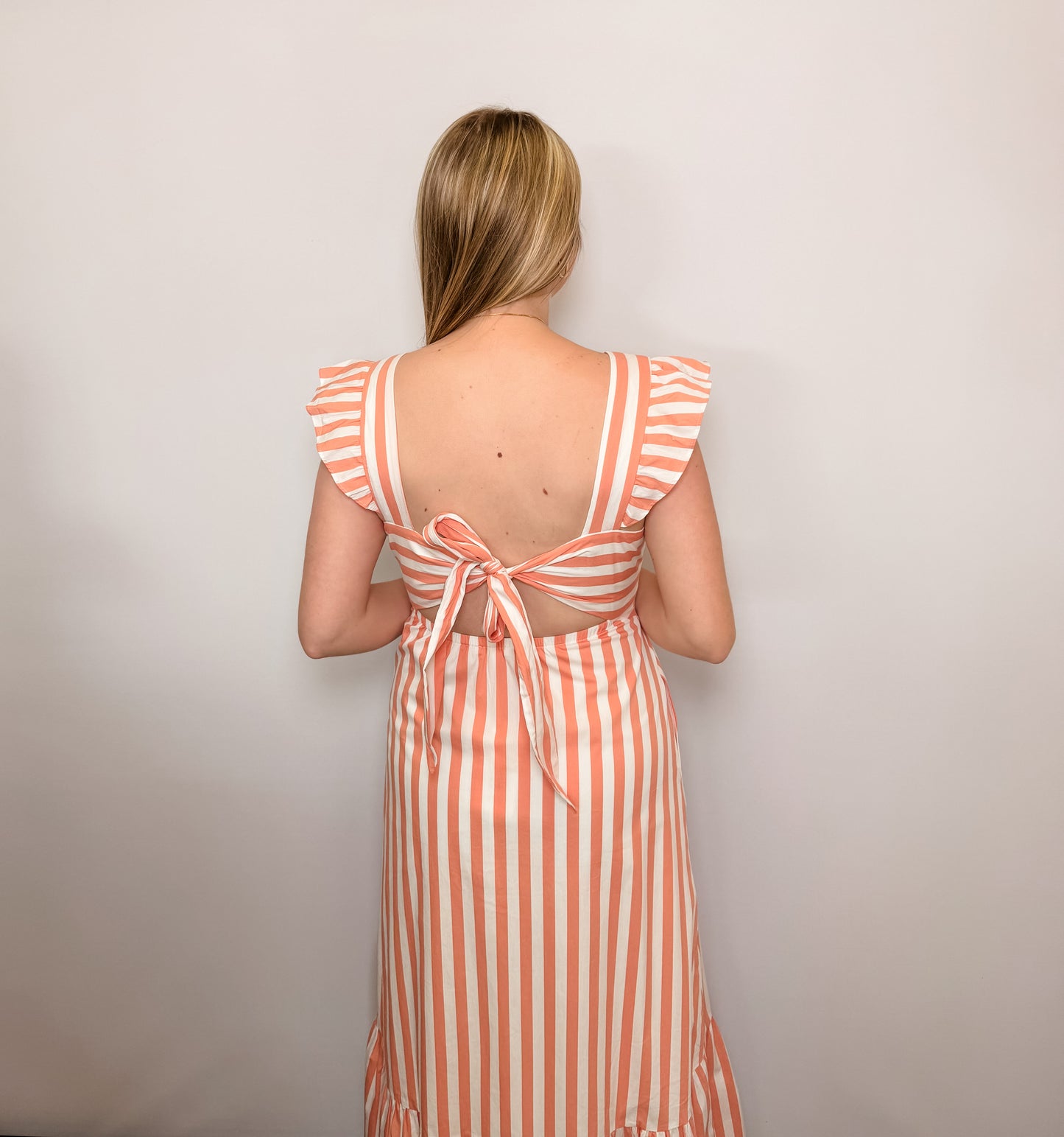 Sleeveless Stripe Tie Back Ruffled Maxi Dress