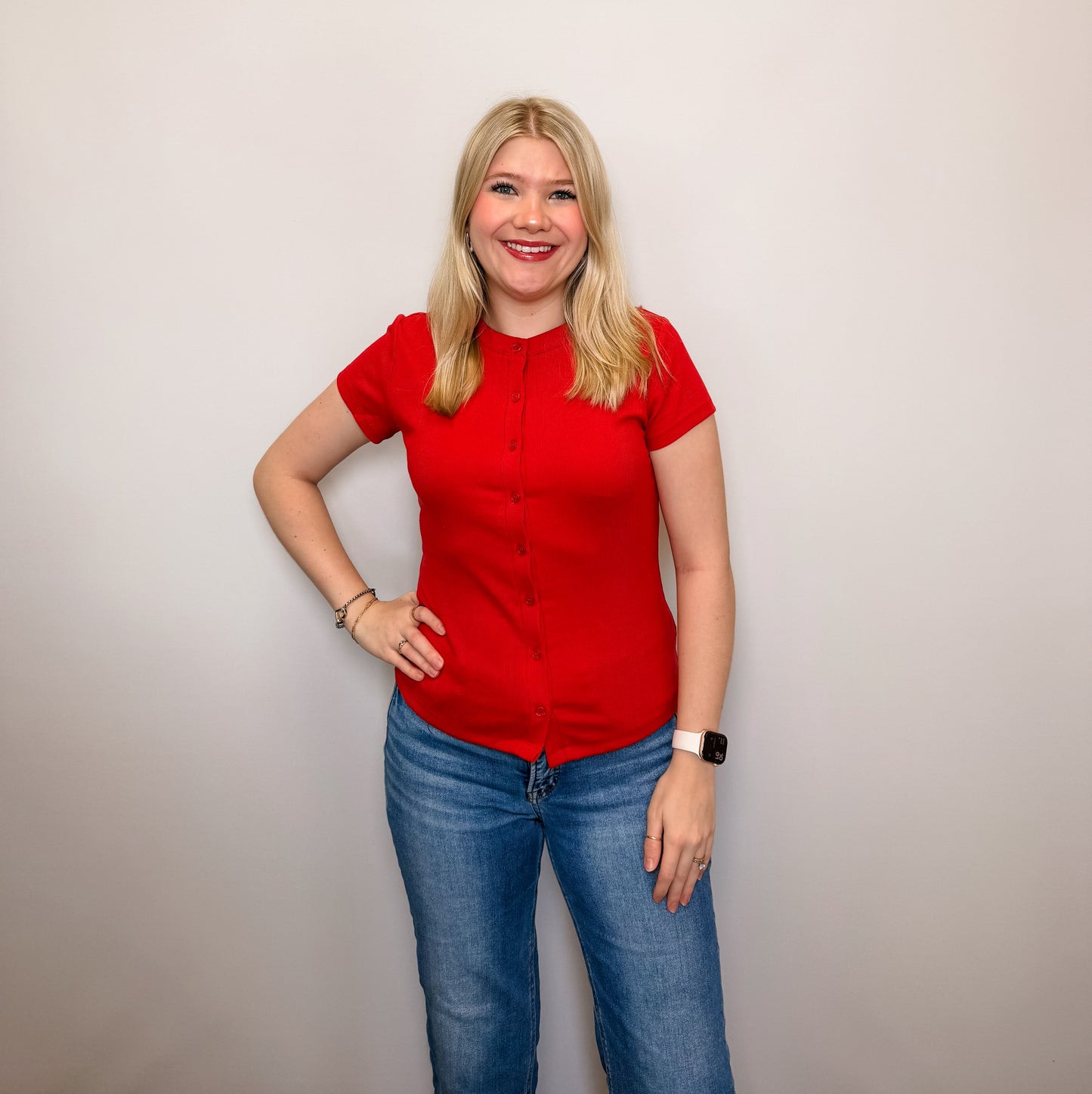 Ribbed Button-Front Crew Neck Top