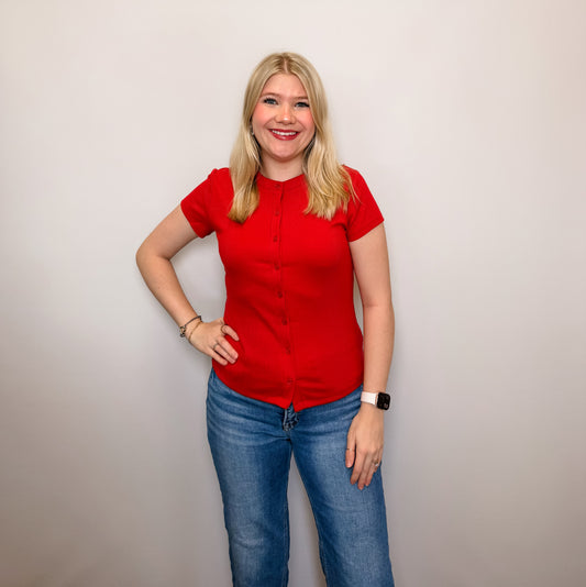 Ribbed Button-Front Crew Neck Top