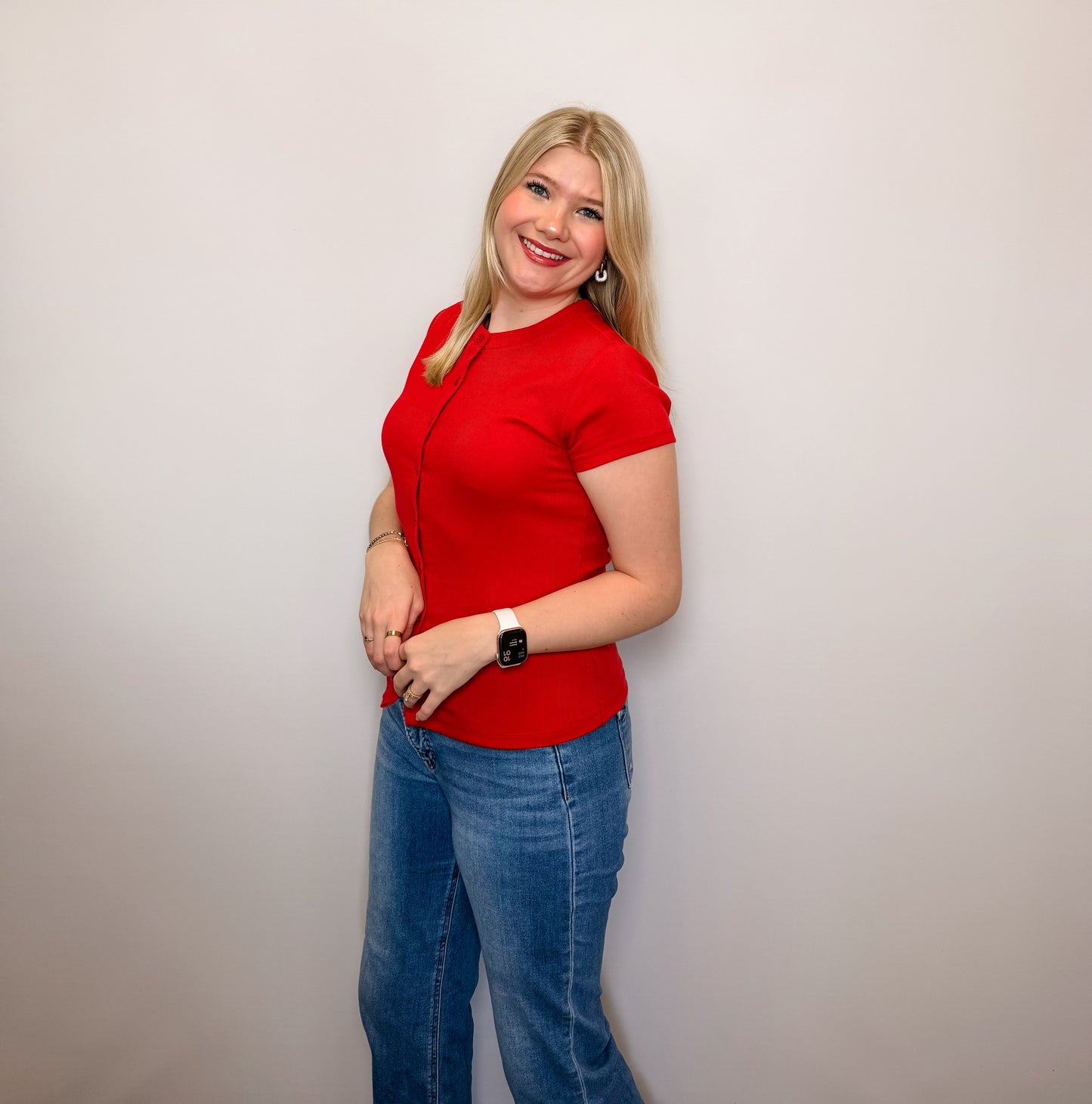 Ribbed Button-Front Crew Neck Top