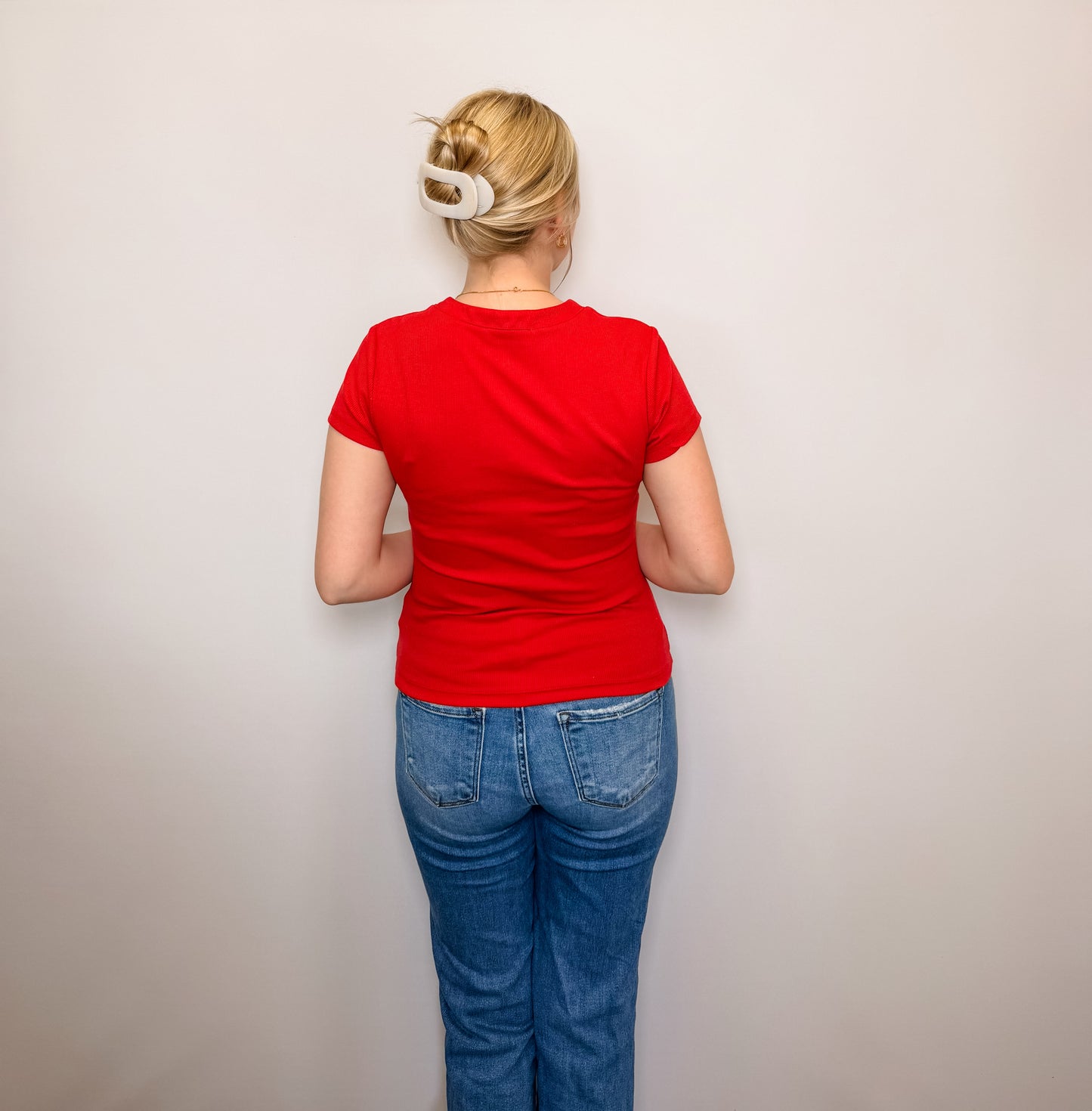 Ribbed Button-Front Crew Neck Top