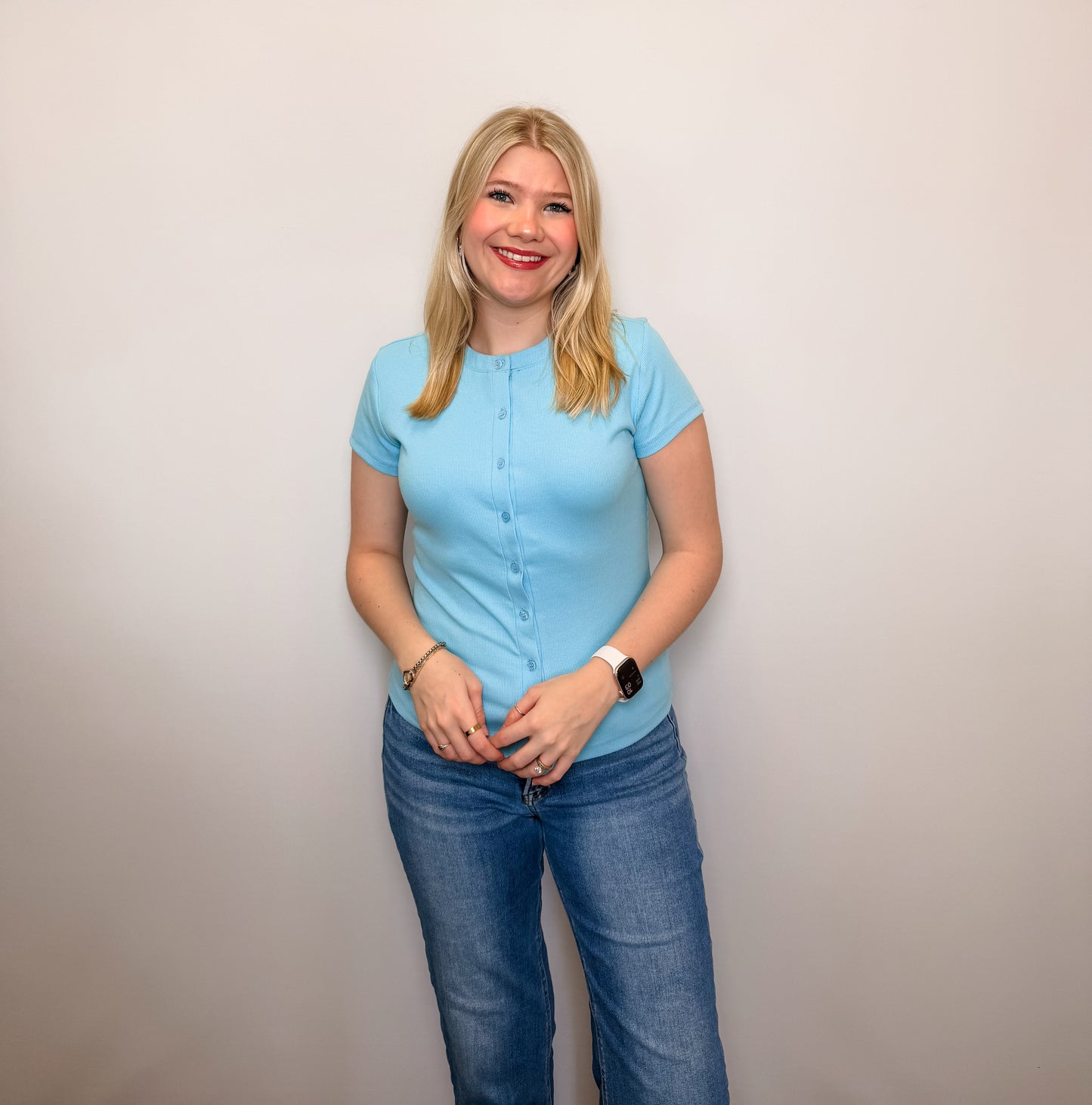 Ribbed Button-Front Crew Neck Top