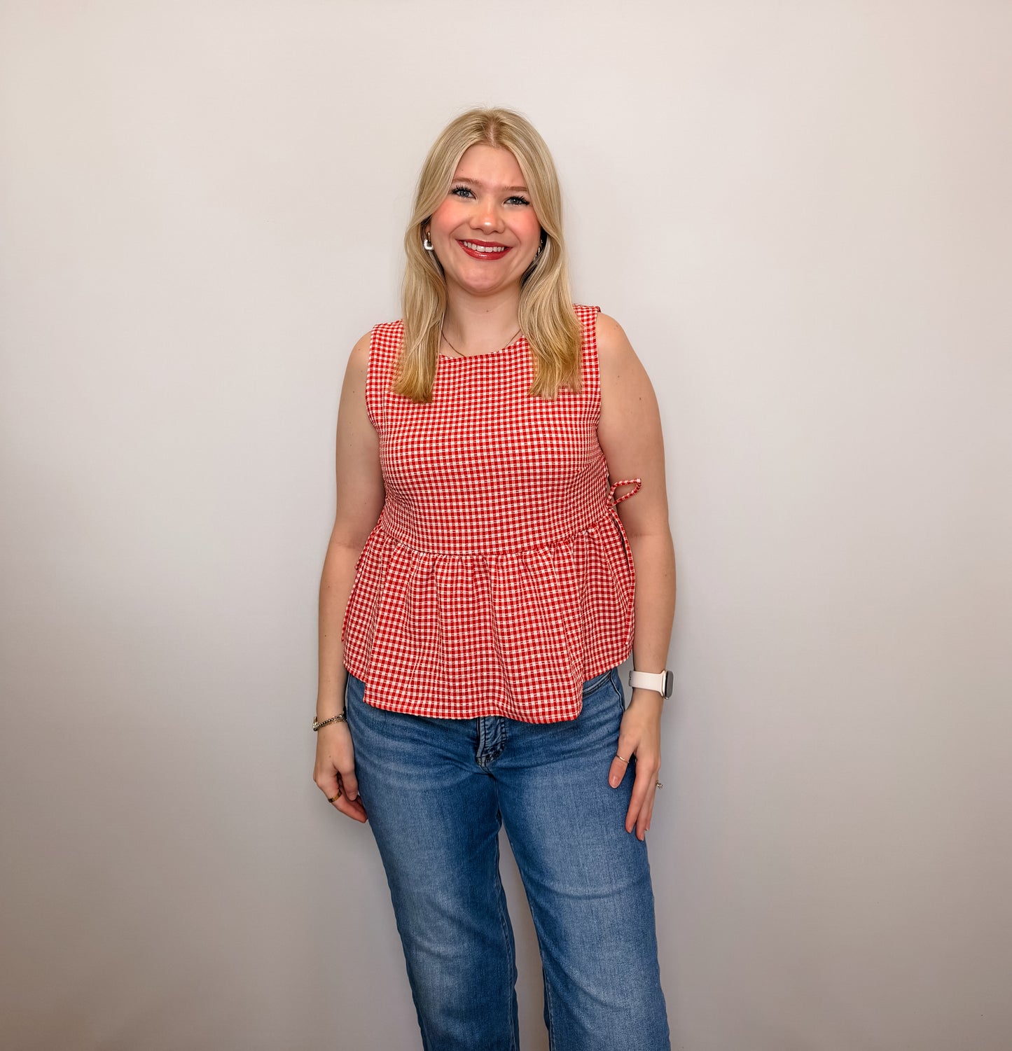 Gingham Sleeveless Peplum Top