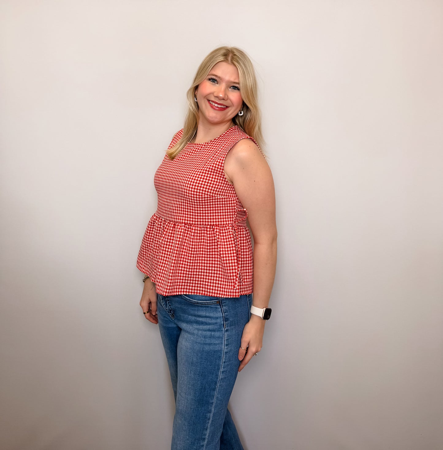 Gingham Sleeveless Peplum Top