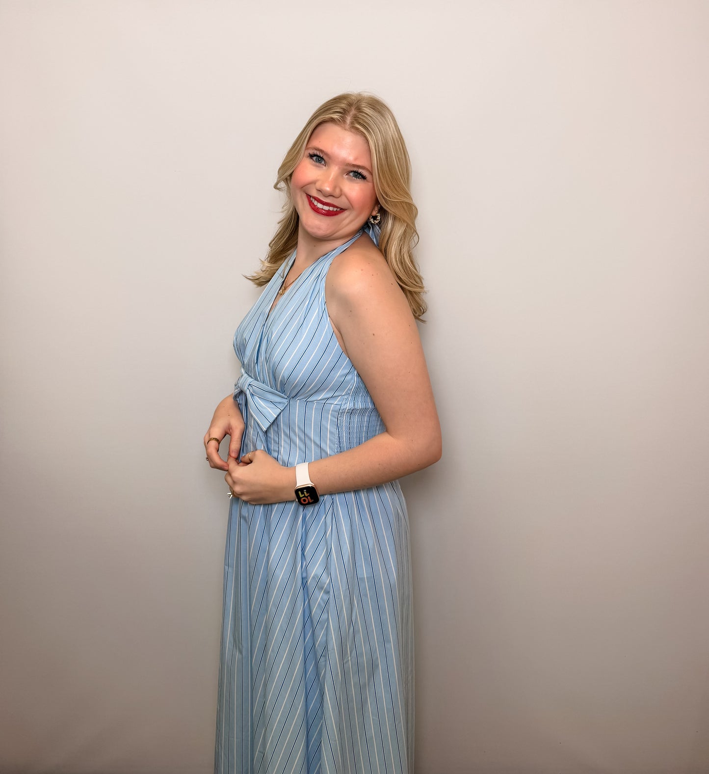 Stripe Halter Midi Dress with Bow Detail