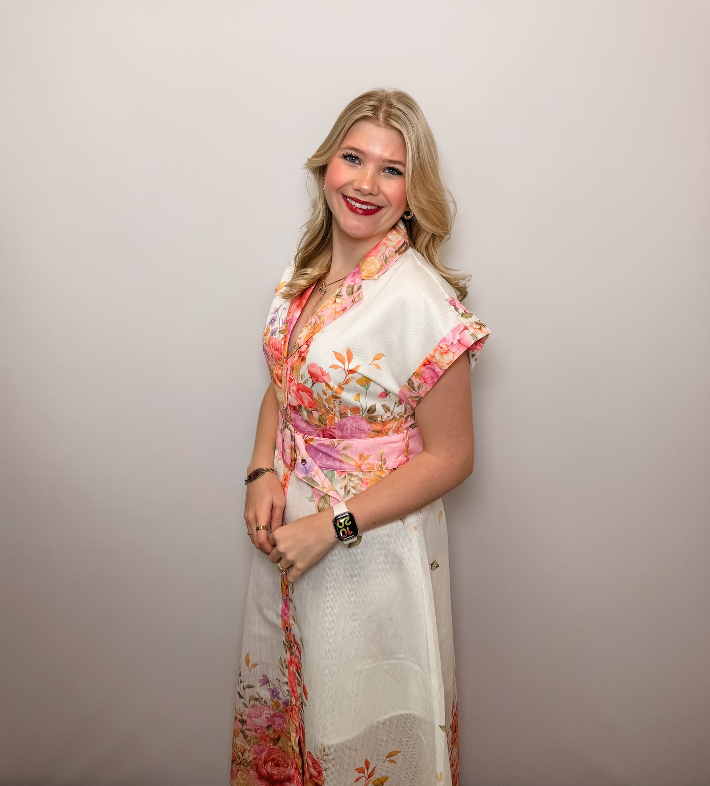 Floral Print Lapel Collar Button Down Maxi Dress