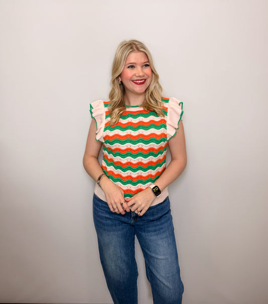 Pattern Ribbed Ruffle Sleeve Top