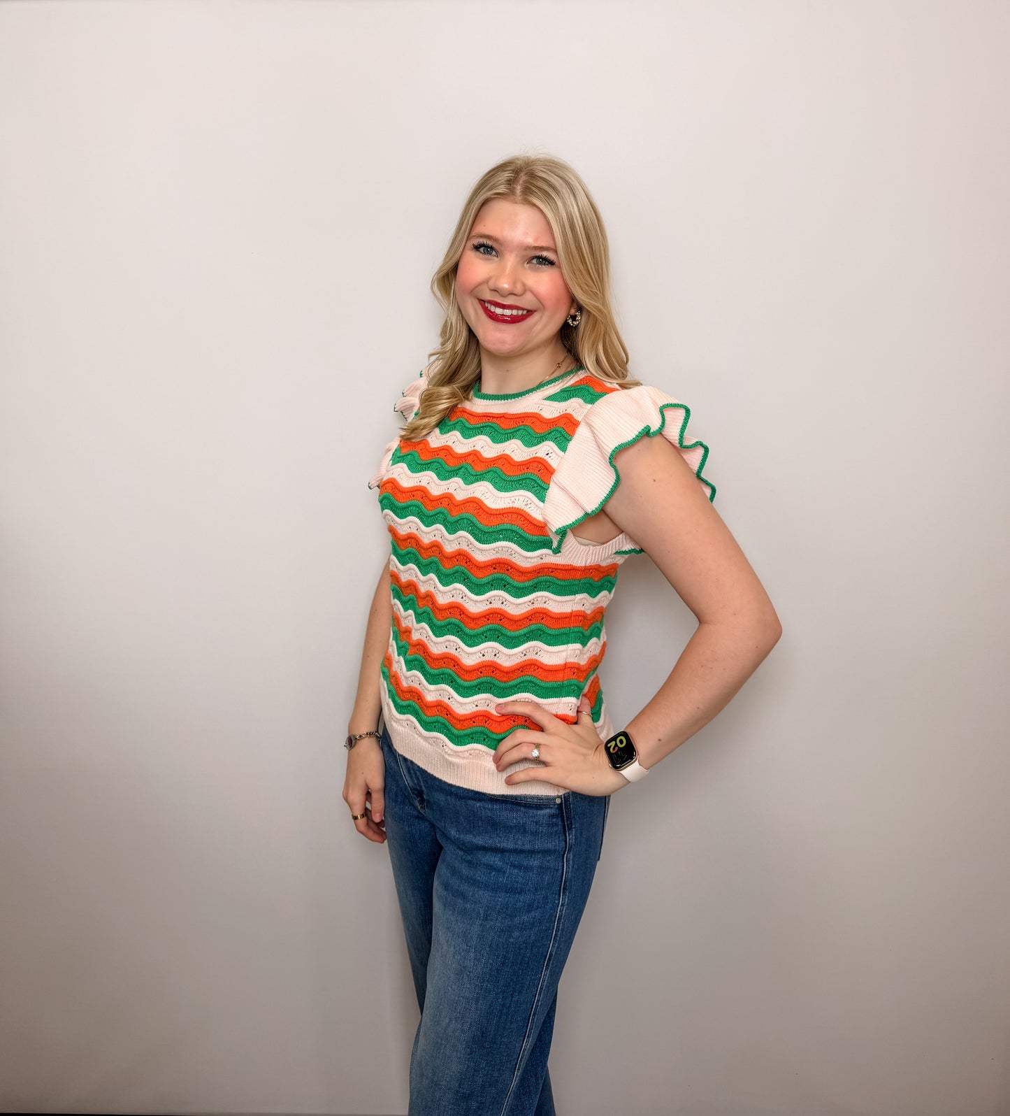 Pattern Ribbed Ruffle Sleeve Top