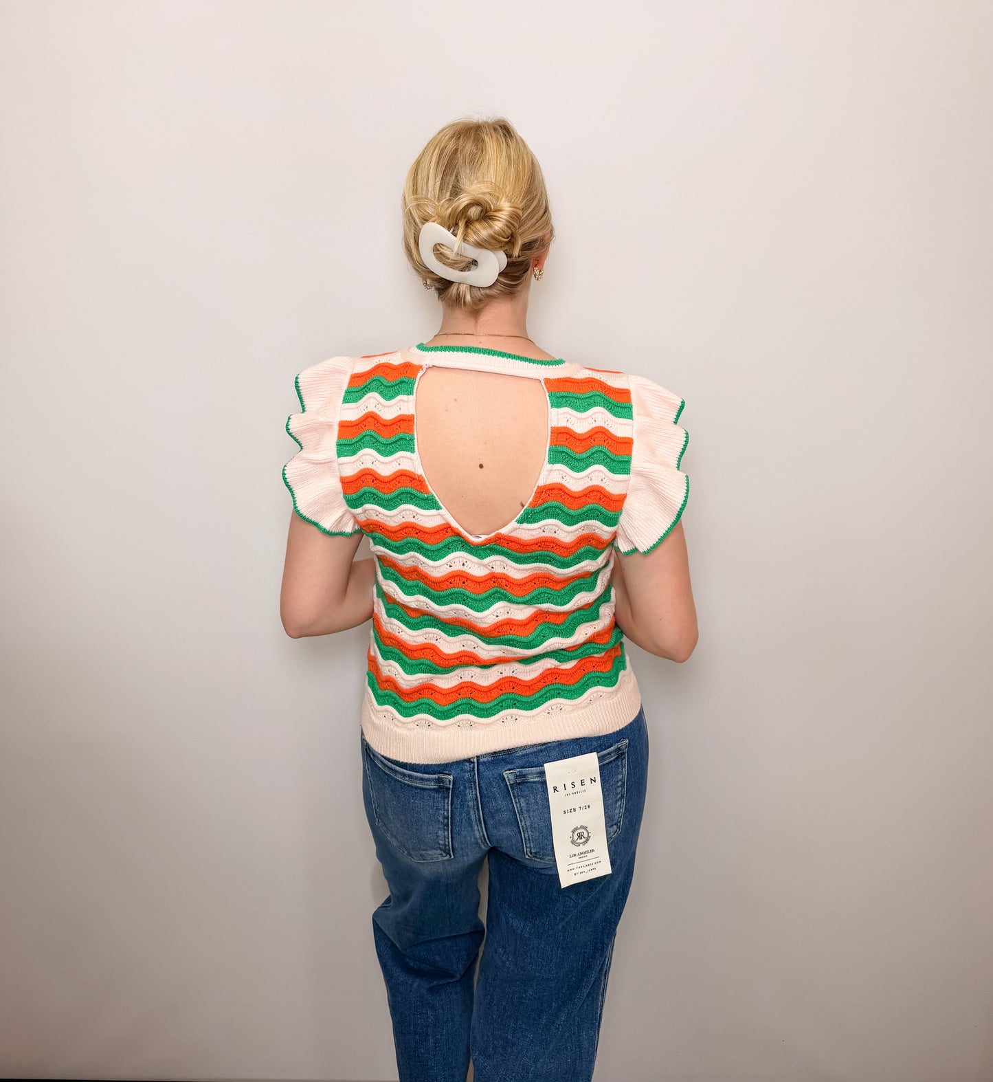 Pattern Ribbed Ruffle Sleeve Top