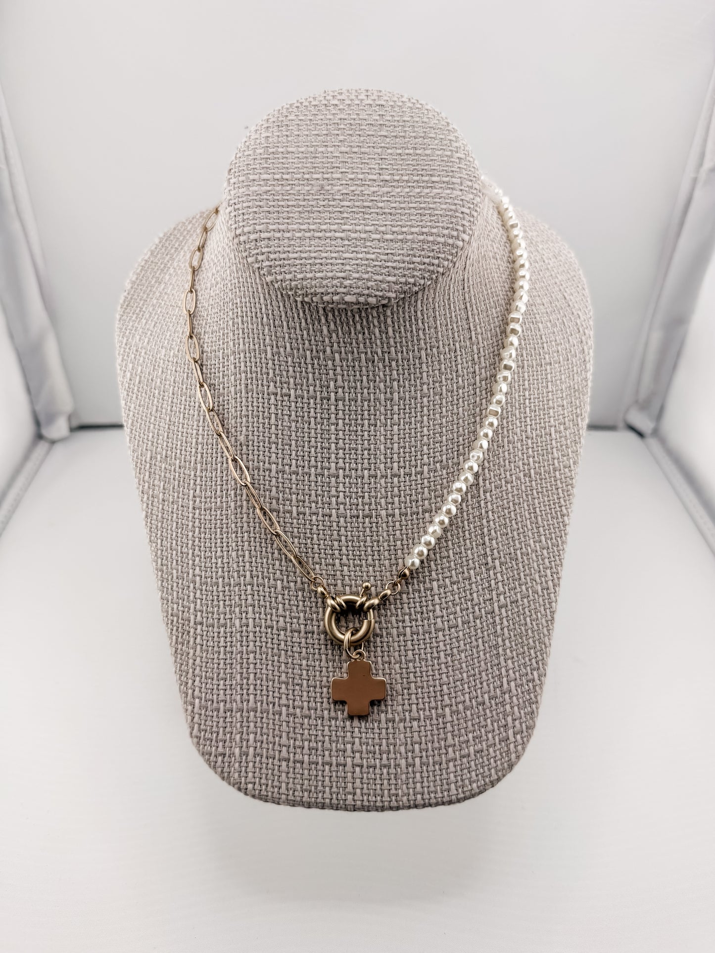 Chain & Pearl with Square Cross Necklace