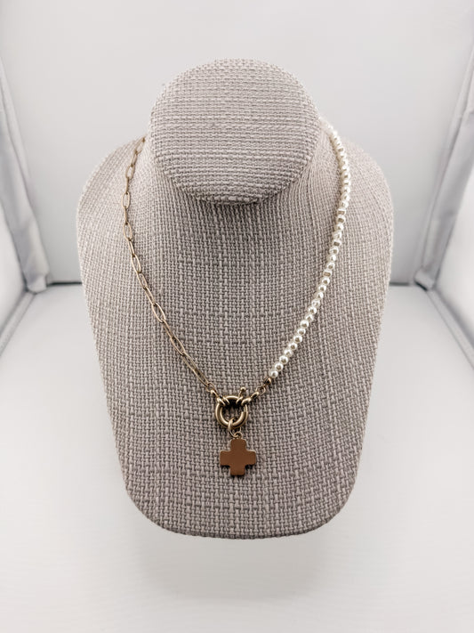 Chain & Pearl with Square Cross Necklace